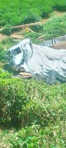 Nyamasheke: Ikamyo yikoreye imbaho yarenze umuhanda igwa mu kabande