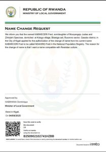 KABWECERI Fred yasabye guhindura amazina akitwa NDAHIRO Fred