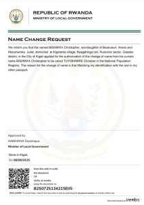 BISIIMWA Christopher yasabye guhindura amazina akitwa TUYISHIMIRE Christian 