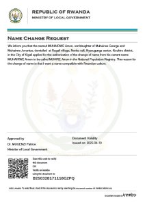 MUHAIRWE Amon yasabye guhindura amazina akitwa MUHIRE Amon