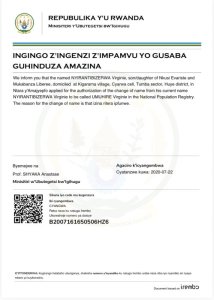 NYIRANTIBIZERWA Virgine yasabye guhindura amazina akitwa UMUHIRE Virginie