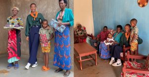 Miss Colombe yatunguwe n'umwana bahaye izina rye ubwo yasuraga imiryango y'abarokotse Jenoside yubakiye