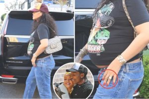 Bwa mbere Rihanna yerekanye Impeta ya zahabu yambitswe n'umukunzi we bitegura kwibaruka [AMAFOTO]