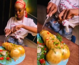 Amashusho ya Alyn Sano akata ‘gateau' iteye nk'igitsina cy'umugabo akomeje kuvugisha benshi 